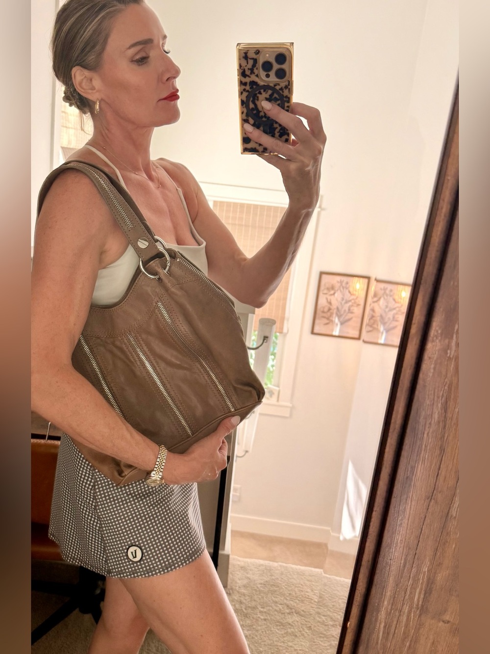 Michael Kors Brown Distressed Leather Zip Hobo Shoulder Bag